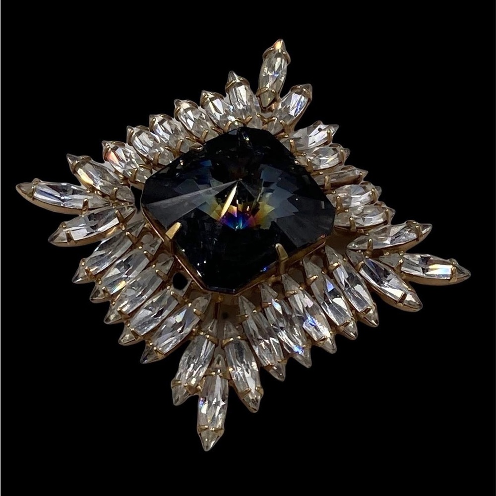 Vintage Austria Smoky Blue Square Rivoli Rhinestone Brooch Earring Set - Picture 3 of 8